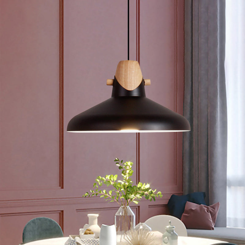 Macaron Stylish Barn Shade Suspended Light 1 Light Metal and Wood Hanging Ceiling Light in Black/White Clearhalo 'Ceiling Lights' 'Modern Pendants' 'Modern' 'Pendant Lights' 'Pendants' Lighting' 1127412