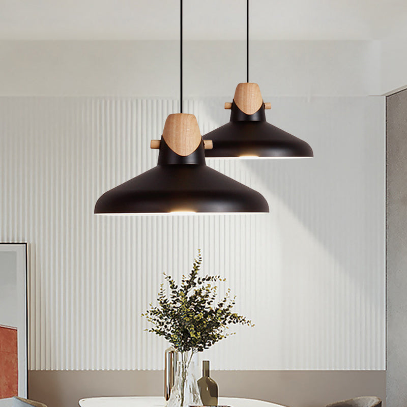 Macaron Stylish Barn Shade Suspended Light 1 Light Metal and Wood Hanging Ceiling Light in Black/White Clearhalo 'Ceiling Lights' 'Modern Pendants' 'Modern' 'Pendant Lights' 'Pendants' Lighting' 1127413