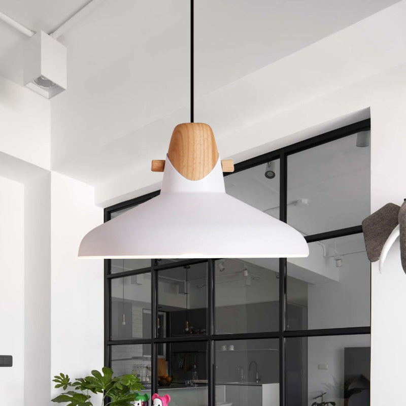 Macaron Stylish Barn Shade Suspended Light 1 Light Metal and Wood Hanging Ceiling Light in Black/White White B Clearhalo 'Ceiling Lights' 'Modern Pendants' 'Modern' 'Pendant Lights' 'Pendants' Lighting' 1127416