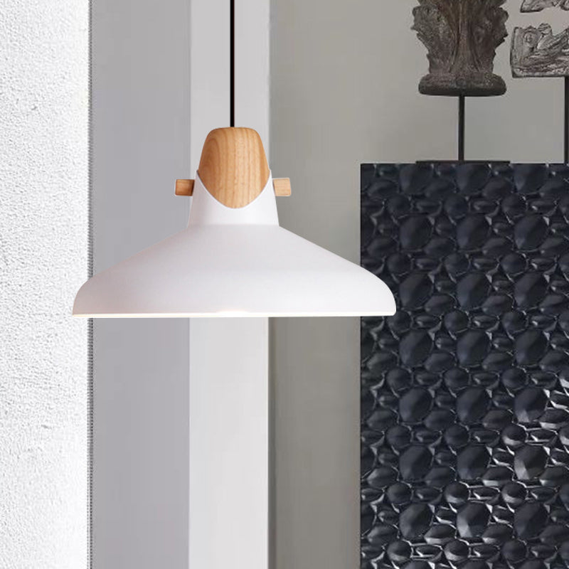 Macaron Stylish Barn Shade Suspended Light 1 Light Metal and Wood Hanging Ceiling Light in Black/White Clearhalo 'Ceiling Lights' 'Modern Pendants' 'Modern' 'Pendant Lights' 'Pendants' Lighting' 1127418