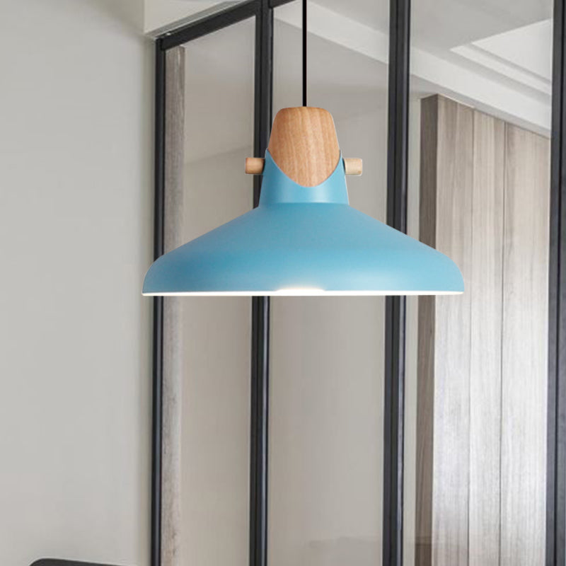 Macaron Stylish Barn Shade Suspended Light 1 Light Metal and Wood Hanging Ceiling Light in Black/White Blue B Clearhalo 'Ceiling Lights' 'Modern Pendants' 'Modern' 'Pendant Lights' 'Pendants' Lighting' 1127420