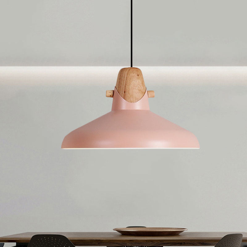 Macaron Stylish Barn Shade Suspended Light 1 Light Metal and Wood Hanging Ceiling Light in Black/White Pink B Clearhalo 'Ceiling Lights' 'Modern Pendants' 'Modern' 'Pendant Lights' 'Pendants' Lighting' 1127424