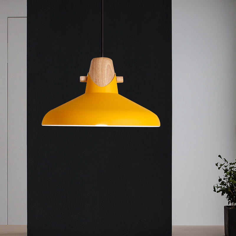 Macaron Stylish Barn Shade Suspended Light 1 Light Metal and Wood Hanging Ceiling Light in Black/White Yellow B Clearhalo 'Ceiling Lights' 'Modern Pendants' 'Modern' 'Pendant Lights' 'Pendants' Lighting' 1127428