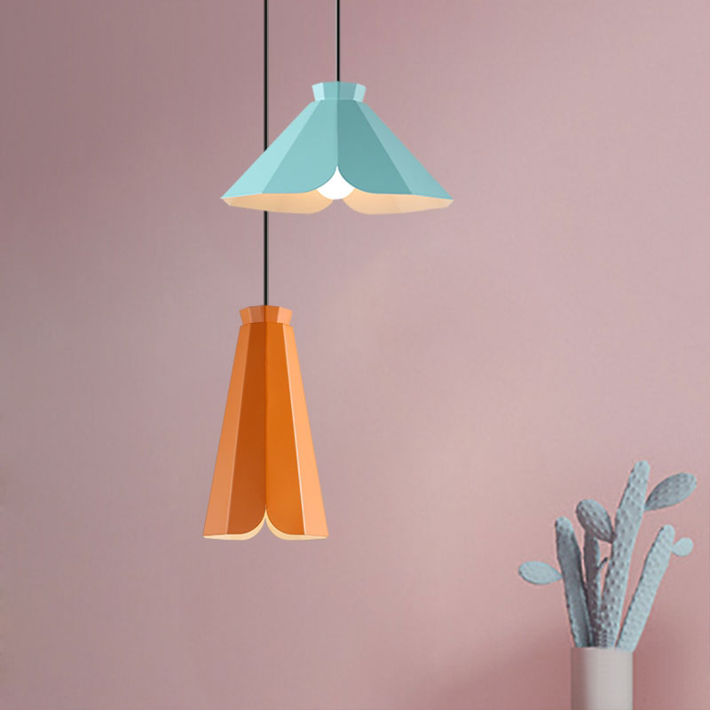 Metallic Tapered Pendant Light Fixture Macaron Style 1 Light Restaurant Hanging Lamp in Blue/Green/Orange Orange Clearhalo 'Ceiling Lights' 'Modern Pendants' 'Modern' 'Pendant Lights' 'Pendants' Lighting' 1127437