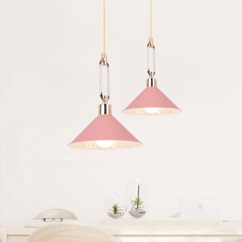 Nordic Tapered Shade Pendant Lighting 1 Bulb Metal Hanging Lamp in Black/White over Table Pink Clearhalo 'Ceiling Lights' 'Modern Pendants' 'Modern' 'Pendant Lights' 'Pendants' Lighting' 1127487