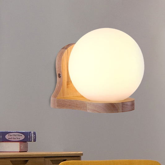 Balcony Study Room Sphere Sconce Lighting Milk Glass 1 Light Simple Style White Wall Lamp Wood Clearhalo 'Modern wall lights' 'Modern' 'Wall Lamps & Sconces' 'Wall Lights' Lighting' 1127583