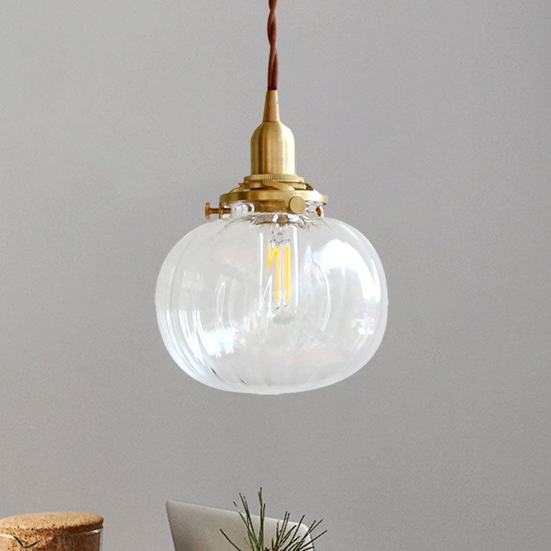 Modern Brass Suspension Light Melon Shape 1 Head Fluted Clear Glass Pendant Lamp for Corridor Clearhalo 'Ceiling Lights' 'Glass shade' 'Glass' 'Modern Pendants' 'Modern' 'Pendant Lights' 'Pendants' Lighting' 1127589