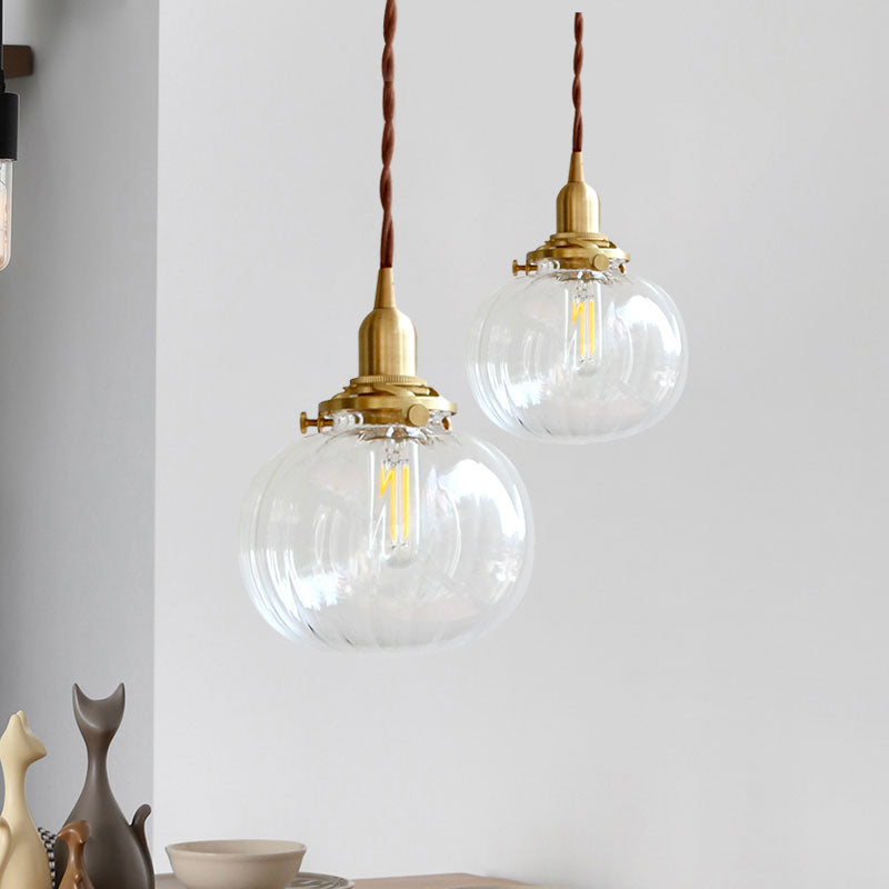 Modern Brass Suspension Light Melon Shape 1 Head Fluted Clear Glass Pendant Lamp for Corridor Clearhalo 'Ceiling Lights' 'Glass shade' 'Glass' 'Modern Pendants' 'Modern' 'Pendant Lights' 'Pendants' Lighting' 1127590