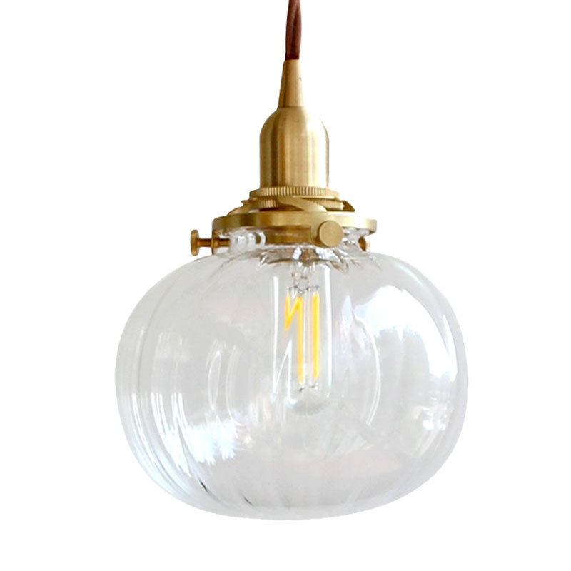 Modern Brass Suspension Light Melon Shape 1 Head Fluted Clear Glass Pendant Lamp for Corridor Clearhalo 'Ceiling Lights' 'Glass shade' 'Glass' 'Modern Pendants' 'Modern' 'Pendant Lights' 'Pendants' Lighting' 1127591