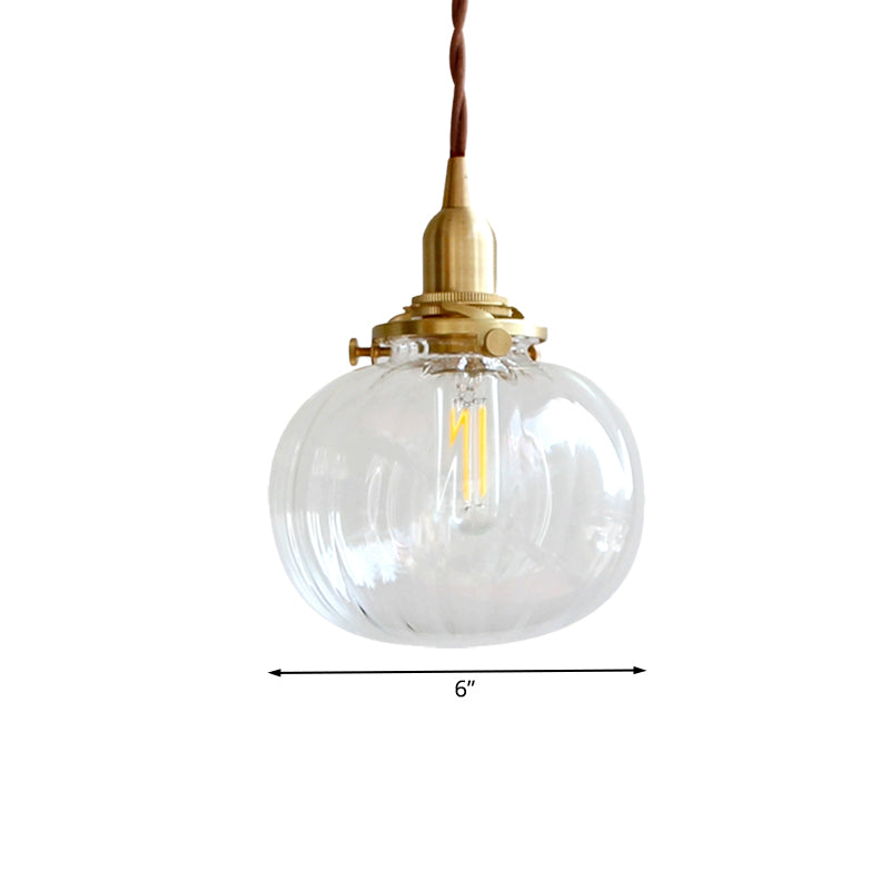 Modern Brass Suspension Light Melon Shape 1 Head Fluted Clear Glass Pendant Lamp for Corridor Clearhalo 'Ceiling Lights' 'Glass shade' 'Glass' 'Modern Pendants' 'Modern' 'Pendant Lights' 'Pendants' Lighting' 1127592