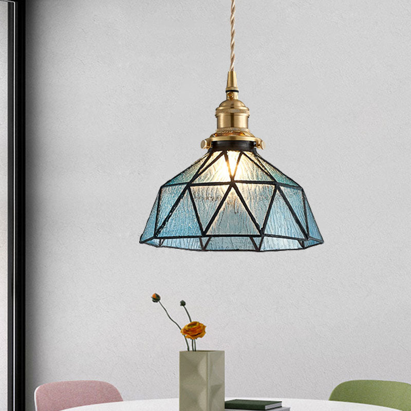 Polyhedron Domed Pendant Lamp 1 Head Tiffany Style Glass Suspension Light for Gallery Blue Clearhalo 'Ceiling Lights' 'Glass shade' 'Glass' 'Modern Pendants' 'Modern' 'Pendant Lights' 'Pendants' Lighting' 1127593