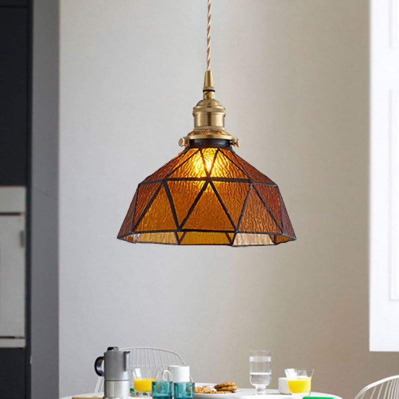 Polyhedron Domed Pendant Lamp 1 Head Tiffany Style Glass Suspension Light for Gallery Amber Clearhalo 'Ceiling Lights' 'Glass shade' 'Glass' 'Modern Pendants' 'Modern' 'Pendant Lights' 'Pendants' Lighting' 1127602