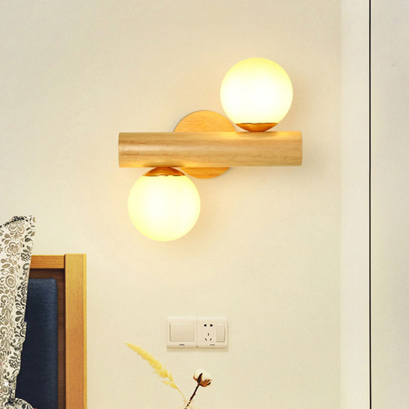 Milk Glass Globe Wall Light with Wooden Base 2 Lights Contemporary Wall Lamp in White for Bathroom Wood Clearhalo 'Modern wall lights' 'Modern' 'Wall Lamps & Sconces' 'Wall Lights' Lighting' 1127606