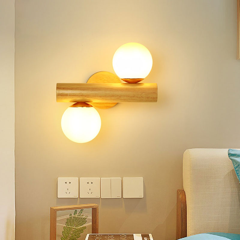 Milk Glass Globe Wall Light with Wooden Base 2 Lights Contemporary Wall Lamp in White for Bathroom Clearhalo 'Modern wall lights' 'Modern' 'Wall Lamps & Sconces' 'Wall Lights' Lighting' 1127607