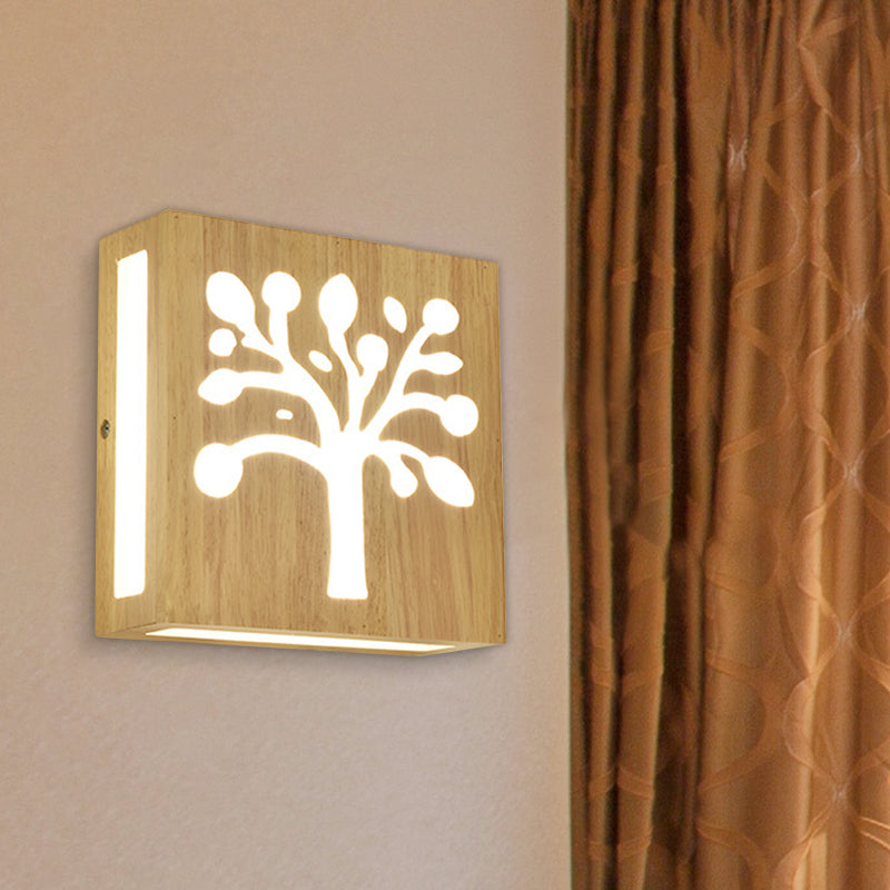 Wood Square Wall Light with Cute Pattern Modern LED Wall Sconce in Beige for Bedside Wood A Clearhalo 'Modern wall lights' 'Modern' 'Wall Lamps & Sconces' 'Wall Lights' Lighting' 1127636