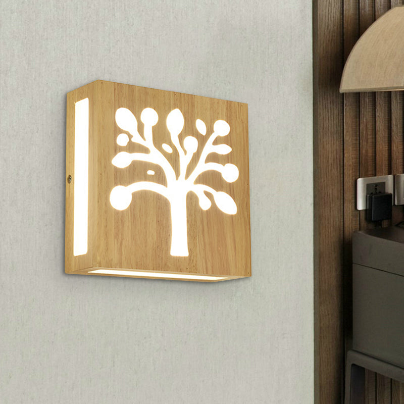 Wood Square Wall Light with Cute Pattern Modern LED Wall Sconce in Beige for Bedside Clearhalo 'Modern wall lights' 'Modern' 'Wall Lamps & Sconces' 'Wall Lights' Lighting' 1127637