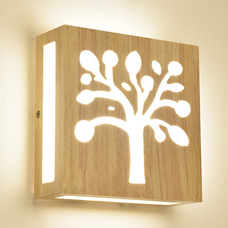 Wood Square Wall Light with Cute Pattern Modern LED Wall Sconce in Beige for Bedside Clearhalo 'Modern wall lights' 'Modern' 'Wall Lamps & Sconces' 'Wall Lights' Lighting' 1127639