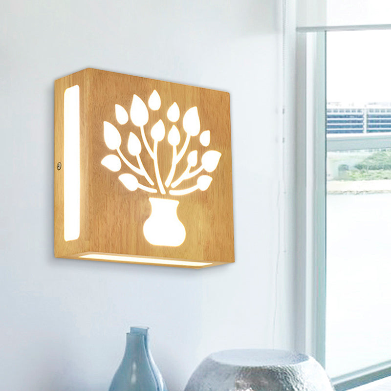 Wood Square Wall Light with Cute Pattern Modern LED Wall Sconce in Beige for Bedside Wood B Clearhalo 'Modern wall lights' 'Modern' 'Wall Lamps & Sconces' 'Wall Lights' Lighting' 1127641