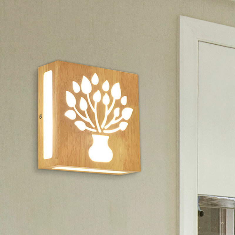 Wood Square Wall Light with Cute Pattern Modern LED Wall Sconce in Beige for Bedside Clearhalo 'Modern wall lights' 'Modern' 'Wall Lamps & Sconces' 'Wall Lights' Lighting' 1127642