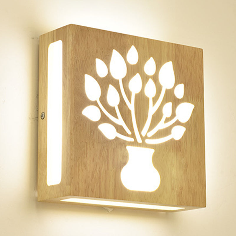 Wood Square Wall Light with Cute Pattern Modern LED Wall Sconce in Beige for Bedside Clearhalo 'Modern wall lights' 'Modern' 'Wall Lamps & Sconces' 'Wall Lights' Lighting' 1127644