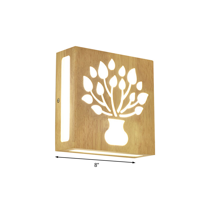 Wood Square Wall Light with Cute Pattern Modern LED Wall Sconce in Beige for Bedside Clearhalo 'Modern wall lights' 'Modern' 'Wall Lamps & Sconces' 'Wall Lights' Lighting' 1127645