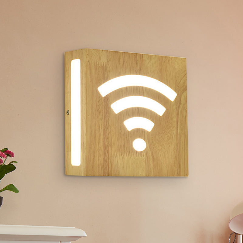 Wood Square Wall Light with Cute Pattern Modern LED Wall Sconce in Beige for Bedside Wood D Clearhalo 'Modern wall lights' 'Modern' 'Wall Lamps & Sconces' 'Wall Lights' Lighting' 1127651