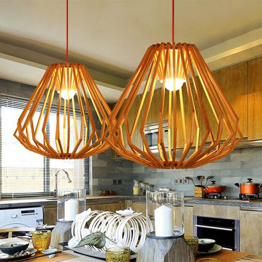 Dining Room Diamond Cafe Pendant Light Wood 1 Head Asian Style Beige Suspension Light Wood 20.5" Clearhalo 'Ceiling Lights' 'Modern Pendants' 'Modern' 'Pendant Lights' 'Pendants' Lighting' 1127734