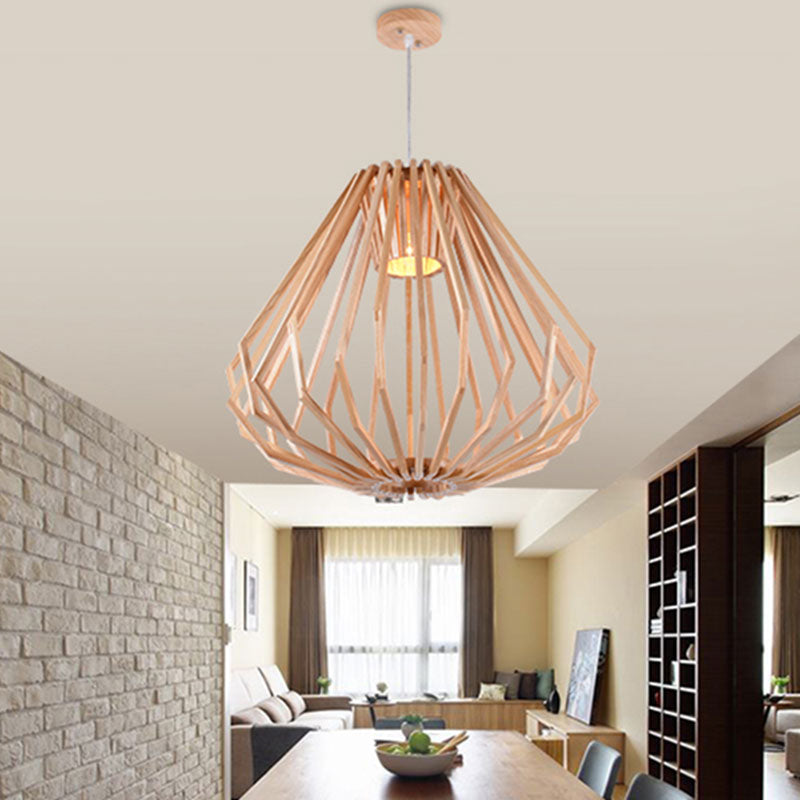 Dining Room Diamond Cafe Pendant Light Wood 1 Head Asian Style Beige Suspension Light Clearhalo 'Ceiling Lights' 'Modern Pendants' 'Modern' 'Pendant Lights' 'Pendants' Lighting' 1127735