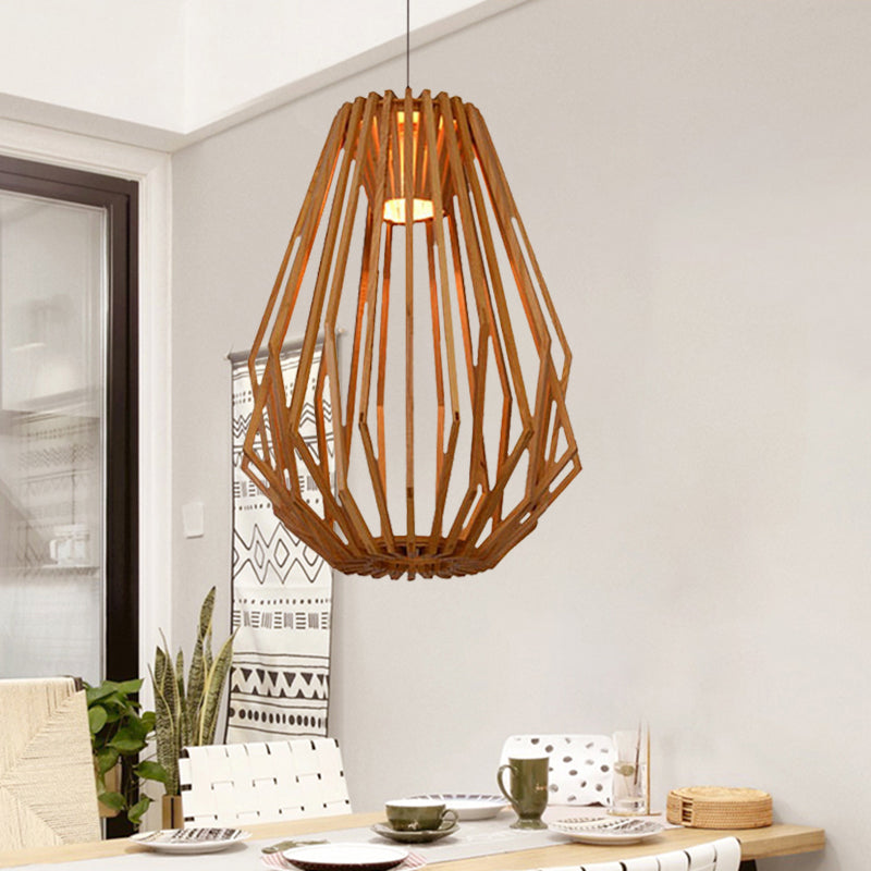 Dining Room Diamond Cafe Pendant Light Wood 1 Head Asian Style Beige Suspension Light Wood 16" Clearhalo 'Ceiling Lights' 'Modern Pendants' 'Modern' 'Pendant Lights' 'Pendants' Lighting' 1127739