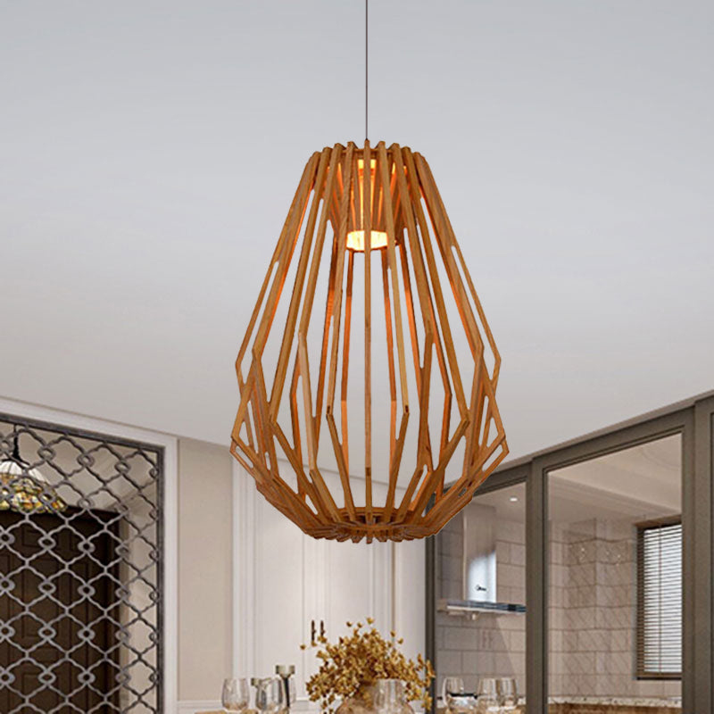 Dining Room Diamond Cafe Pendant Light Wood 1 Head Asian Style Beige Suspension Light Clearhalo 'Ceiling Lights' 'Modern Pendants' 'Modern' 'Pendant Lights' 'Pendants' Lighting' 1127740