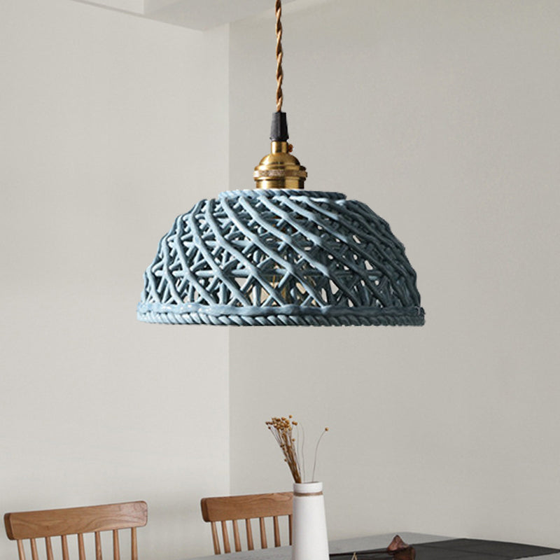 Nordic Grid Dome Hanging Lamp 6.5"/8" Wide Single Bulb Ceramics Pendant Light for Dining Room Corridor - White Blue 8" Clearhalo 'Ceiling Lights' 'Modern Pendants' 'Modern' 'Pendant Lights' 'Pendants' Lighting' 1127947