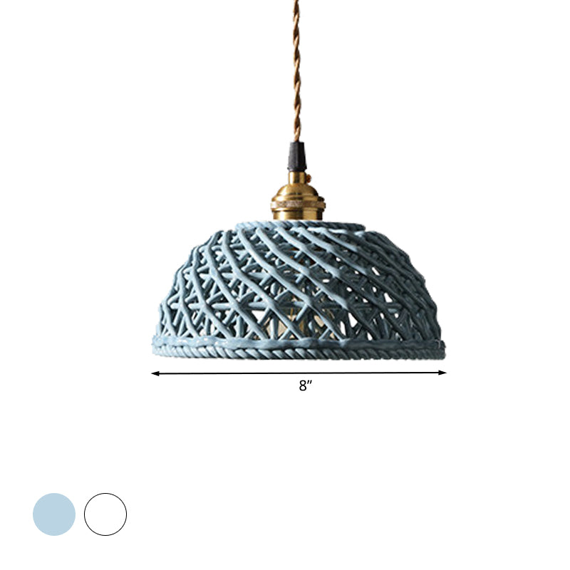 Nordic Grid Dome Hanging Lamp 6.5"/8" Wide Single Bulb Ceramics Pendant Light for Dining Room Corridor - White Clearhalo 'Ceiling Lights' 'Modern Pendants' 'Modern' 'Pendant Lights' 'Pendants' Lighting' 1127951