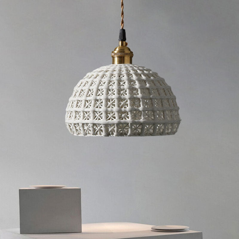 Nordic Grid Dome Hanging Lamp 6.5"/8" Wide Single Bulb Ceramics Pendant Light for Dining Room Corridor - White White 8" Clearhalo 'Ceiling Lights' 'Modern Pendants' 'Modern' 'Pendant Lights' 'Pendants' Lighting' 1127952