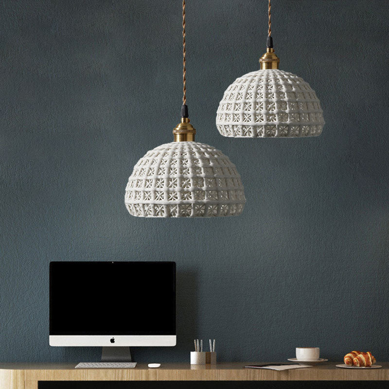 Nordic Grid Dome Hanging Lamp 6.5"/8" Wide Single Bulb Ceramics Pendant Light for Dining Room Corridor - White Clearhalo 'Ceiling Lights' 'Modern Pendants' 'Modern' 'Pendant Lights' 'Pendants' Lighting' 1127953