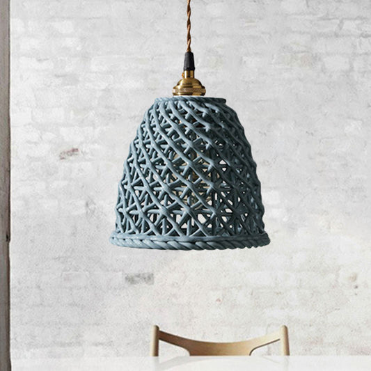 Nordic Grid Dome Hanging Lamp 6.5"/8" Wide Single Bulb Ceramics Pendant Light for Dining Room Corridor - White Blue 6.5" Clearhalo 'Ceiling Lights' 'Modern Pendants' 'Modern' 'Pendant Lights' 'Pendants' Lighting' 1127956