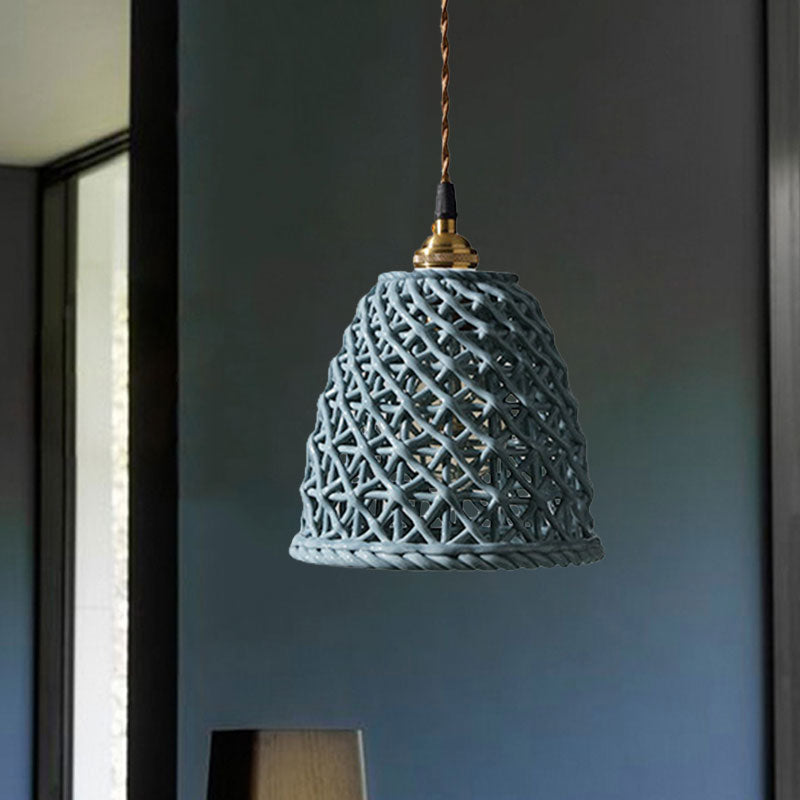 Nordic Grid Dome Hanging Lamp 6.5"/8" Wide Single Bulb Ceramics Pendant Light for Dining Room Corridor - White Clearhalo 'Ceiling Lights' 'Modern Pendants' 'Modern' 'Pendant Lights' 'Pendants' Lighting' 1127957