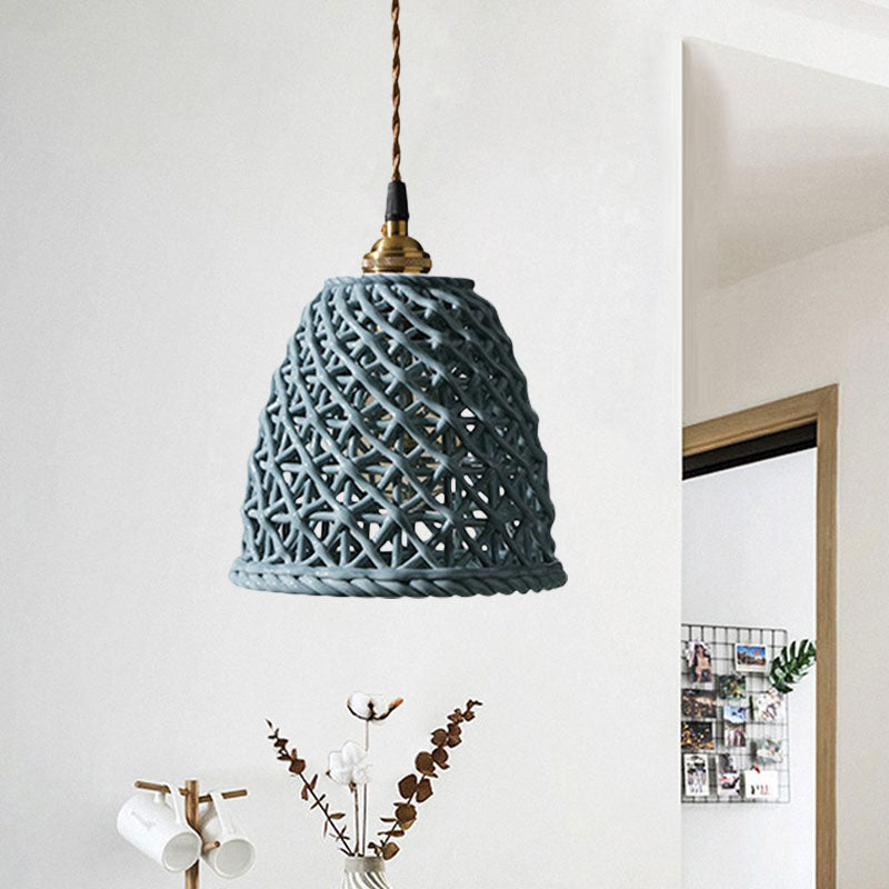 Nordic Grid Dome Hanging Lamp 6.5"/8" Wide Single Bulb Ceramics Pendant Light for Dining Room Corridor - White Clearhalo 'Ceiling Lights' 'Modern Pendants' 'Modern' 'Pendant Lights' 'Pendants' Lighting' 1127958