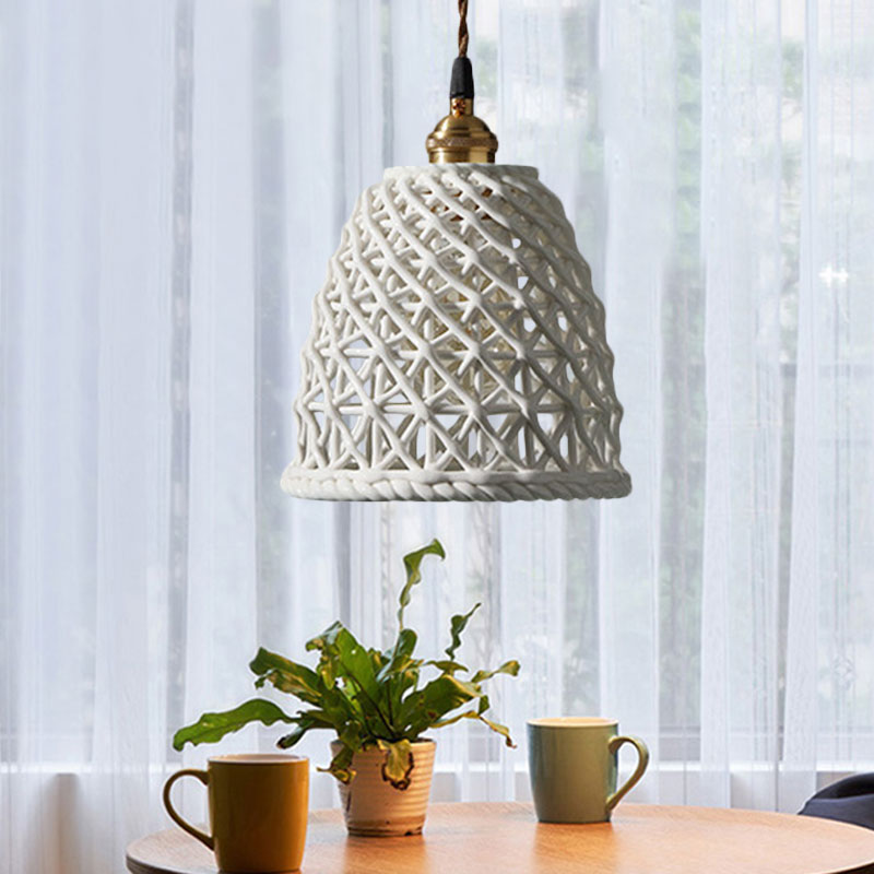 Nordic Grid Dome Hanging Lamp 6.5"/8" Wide Single Bulb Ceramics Pendant Light for Dining Room Corridor - White White 6.5" Clearhalo 'Ceiling Lights' 'Modern Pendants' 'Modern' 'Pendant Lights' 'Pendants' Lighting' 1127961