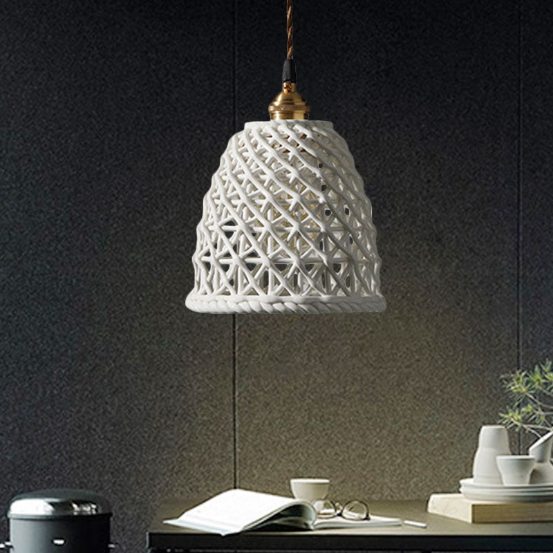 Nordic Grid Dome Hanging Lamp 6.5"/8" Wide Single Bulb Ceramics Pendant Light for Dining Room Corridor - White Clearhalo 'Ceiling Lights' 'Modern Pendants' 'Modern' 'Pendant Lights' 'Pendants' Lighting' 1127962