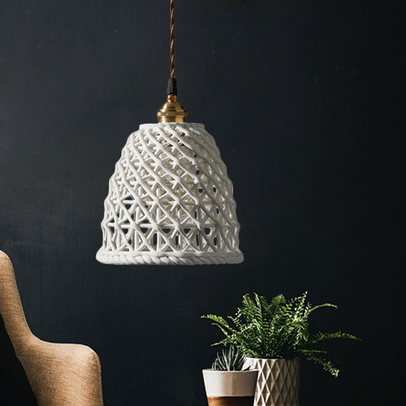 Nordic Grid Dome Hanging Lamp 6.5"/8" Wide Single Bulb Ceramics Pendant Light for Dining Room Corridor - White Clearhalo 'Ceiling Lights' 'Modern Pendants' 'Modern' 'Pendant Lights' 'Pendants' Lighting' 1127963