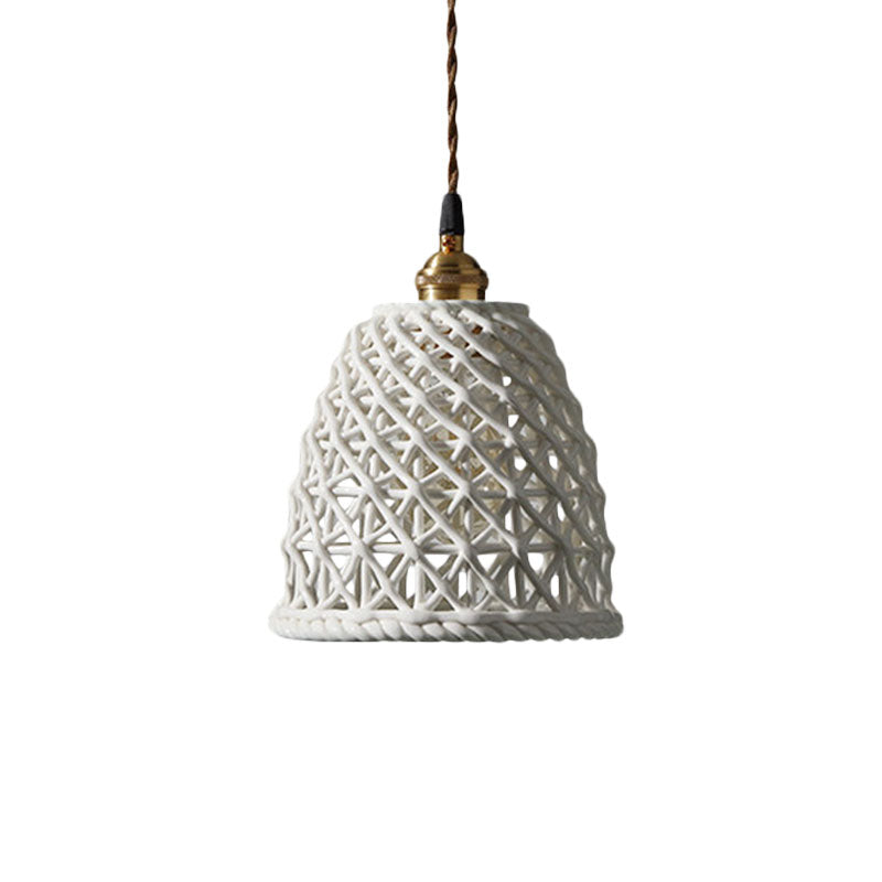 Nordic Grid Dome Hanging Lamp 6.5"/8" Wide Single Bulb Ceramics Pendant Light for Dining Room Corridor - White Clearhalo 'Ceiling Lights' 'Modern Pendants' 'Modern' 'Pendant Lights' 'Pendants' Lighting' 1127964