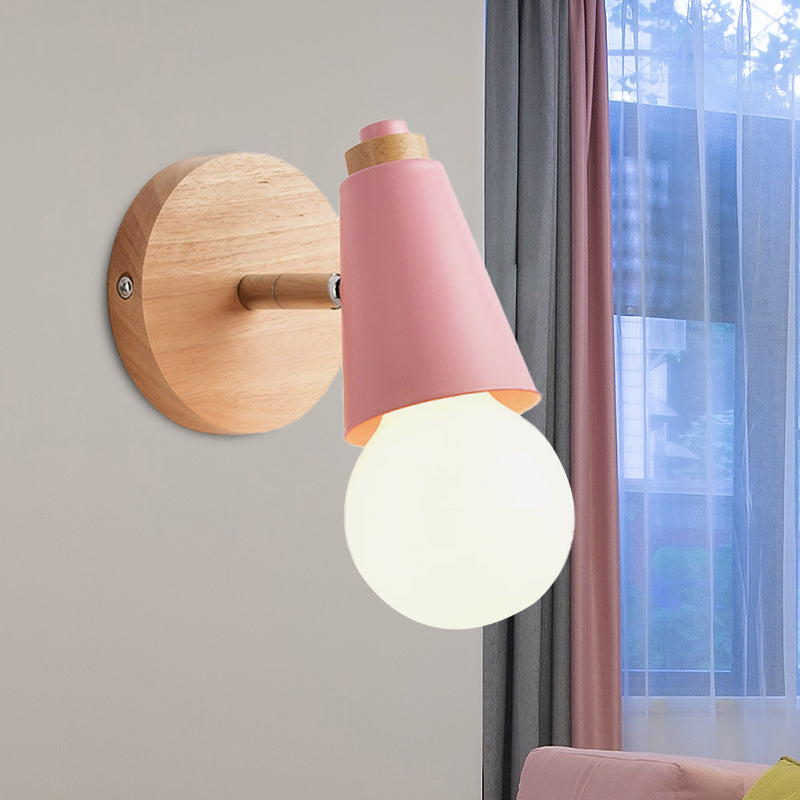 Macaron Loft Sweet Cone Wall Light with Metal/Wood Backplate Rotatable Single Light Wall Lamp in Blue/Green/Pink for Corridor Pink Wood Clearhalo 'Cast Iron' 'Glass' 'Industrial' 'Modern wall lights' 'Modern' 'Tiffany' 'Traditional wall lights' 'Wall Lamps & Sconces' 'Wall Lights' Lighting' 1127978