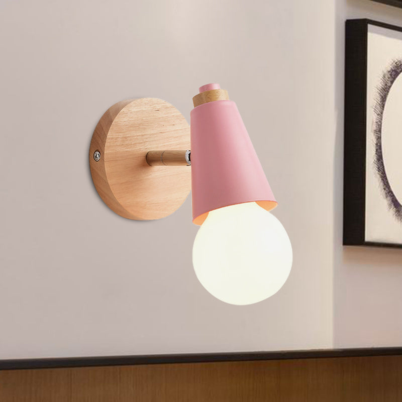 Macaron Loft Sweet Cone Wall Light with Metal/Wood Backplate Rotatable Single Light Wall Lamp in Blue/Green/Pink for Corridor Clearhalo 'Cast Iron' 'Glass' 'Industrial' 'Modern wall lights' 'Modern' 'Tiffany' 'Traditional wall lights' 'Wall Lamps & Sconces' 'Wall Lights' Lighting' 1127979