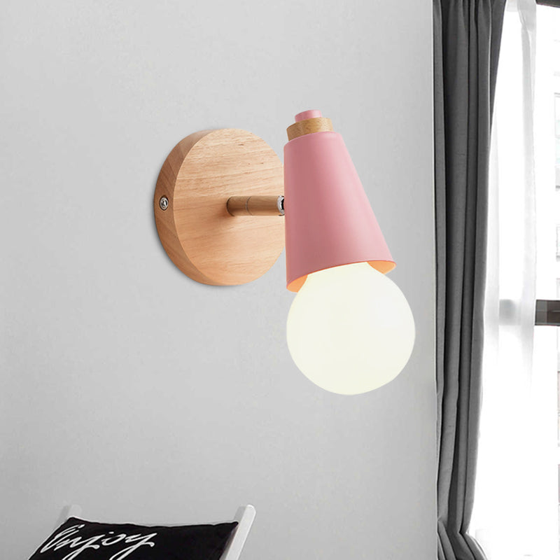 Macaron Loft Sweet Cone Wall Light with Metal/Wood Backplate Rotatable Single Light Wall Lamp in Blue/Green/Pink for Corridor Clearhalo 'Cast Iron' 'Glass' 'Industrial' 'Modern wall lights' 'Modern' 'Tiffany' 'Traditional wall lights' 'Wall Lamps & Sconces' 'Wall Lights' Lighting' 1127980