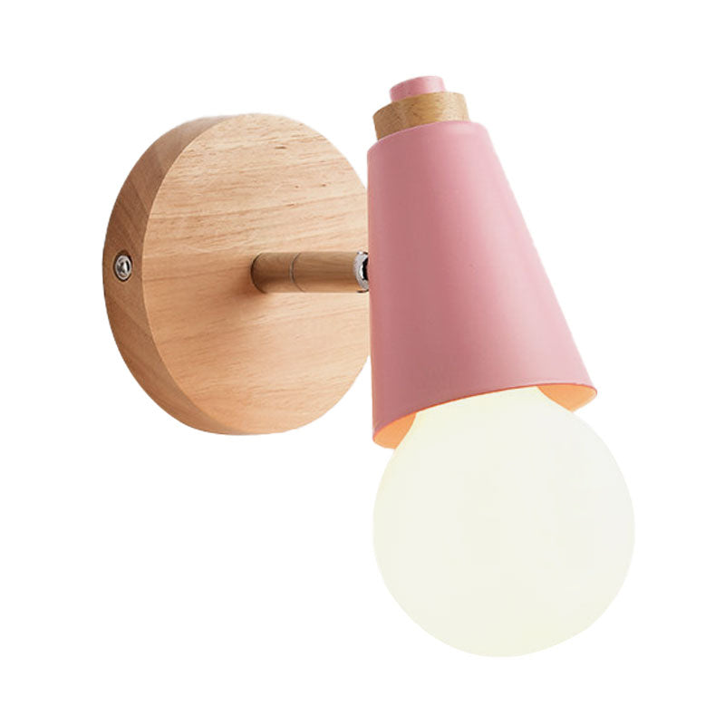 Macaron Loft Sweet Cone Wall Light with Metal/Wood Backplate Rotatable Single Light Wall Lamp in Blue/Green/Pink for Corridor Clearhalo 'Cast Iron' 'Glass' 'Industrial' 'Modern wall lights' 'Modern' 'Tiffany' 'Traditional wall lights' 'Wall Lamps & Sconces' 'Wall Lights' Lighting' 1127981