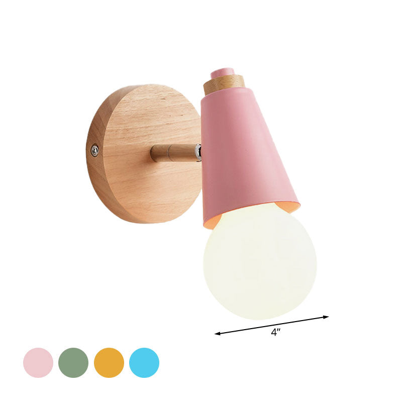 Macaron Loft Sweet Cone Wall Light with Metal/Wood Backplate Rotatable Single Light Wall Lamp in Blue/Green/Pink for Corridor Clearhalo 'Cast Iron' 'Glass' 'Industrial' 'Modern wall lights' 'Modern' 'Tiffany' 'Traditional wall lights' 'Wall Lamps & Sconces' 'Wall Lights' Lighting' 1127982