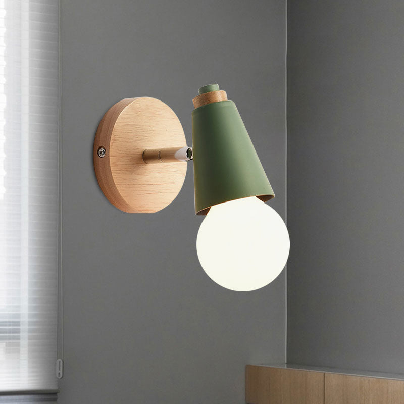 Macaron Loft Sweet Cone Wall Light with Metal/Wood Backplate Rotatable Single Light Wall Lamp in Blue/Green/Pink for Corridor Green Wood Clearhalo 'Cast Iron' 'Glass' 'Industrial' 'Modern wall lights' 'Modern' 'Tiffany' 'Traditional wall lights' 'Wall Lamps & Sconces' 'Wall Lights' Lighting' 1127983