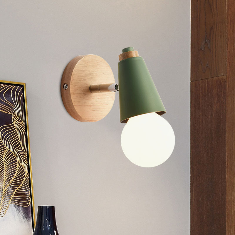 Macaron Loft Sweet Cone Wall Light with Metal/Wood Backplate Rotatable Single Light Wall Lamp in Blue/Green/Pink for Corridor Clearhalo 'Cast Iron' 'Glass' 'Industrial' 'Modern wall lights' 'Modern' 'Tiffany' 'Traditional wall lights' 'Wall Lamps & Sconces' 'Wall Lights' Lighting' 1127984