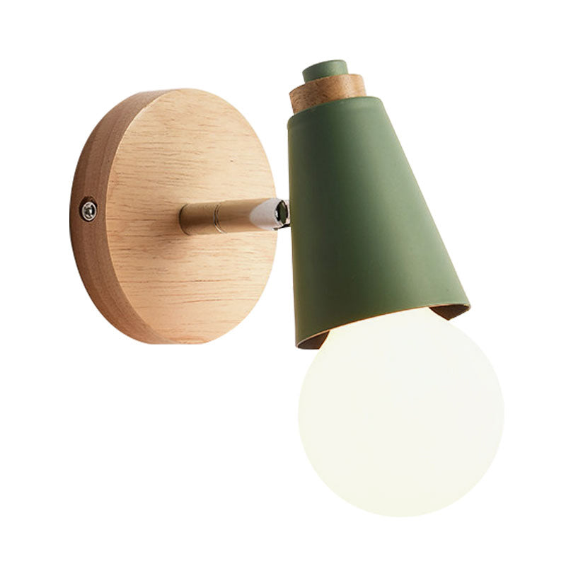 Macaron Loft Sweet Cone Wall Light with Metal/Wood Backplate Rotatable Single Light Wall Lamp in Blue/Green/Pink for Corridor Clearhalo 'Cast Iron' 'Glass' 'Industrial' 'Modern wall lights' 'Modern' 'Tiffany' 'Traditional wall lights' 'Wall Lamps & Sconces' 'Wall Lights' Lighting' 1127985
