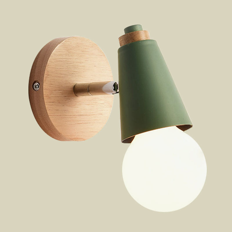 Macaron Loft Sweet Cone Wall Light with Metal/Wood Backplate Rotatable Single Light Wall Lamp in Blue/Green/Pink for Corridor Clearhalo 'Cast Iron' 'Glass' 'Industrial' 'Modern wall lights' 'Modern' 'Tiffany' 'Traditional wall lights' 'Wall Lamps & Sconces' 'Wall Lights' Lighting' 1127986